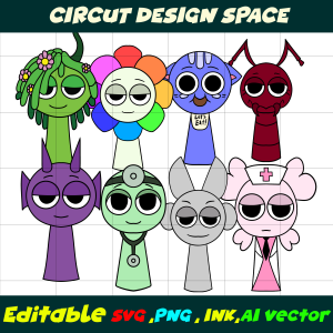 Cutter,Dandy,Purple,Ario,Burgundy Betty,Dr. Mint Incredibox Sprunki Png Coloring Pages,SVG,PNG,Ink.